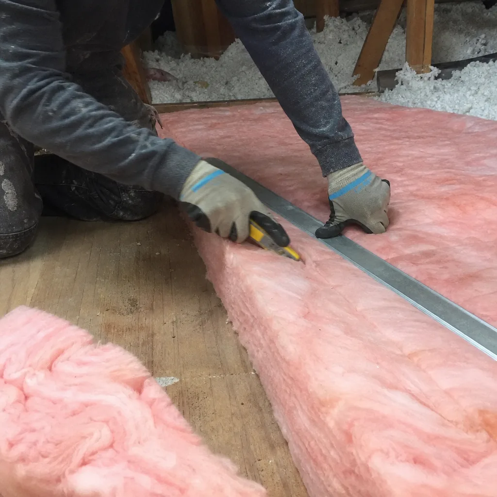 Worker cutting pink fiberglass attic insulation for home energy efficiency.