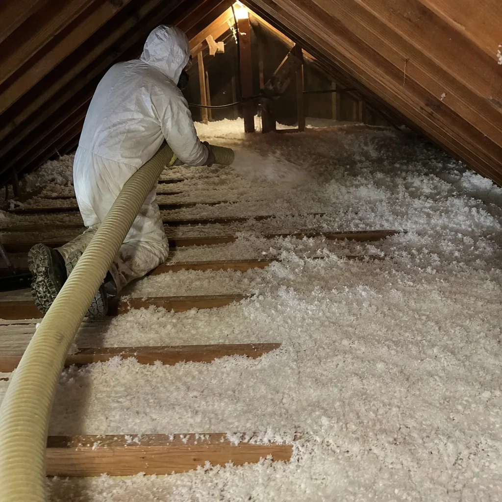 Technician installing blown-in attic insulation with professional equipment