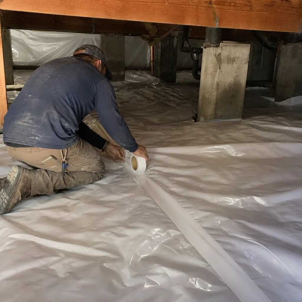 Contractor installing professional crawl space vapor barrier and encapsulation plastic sheeting
