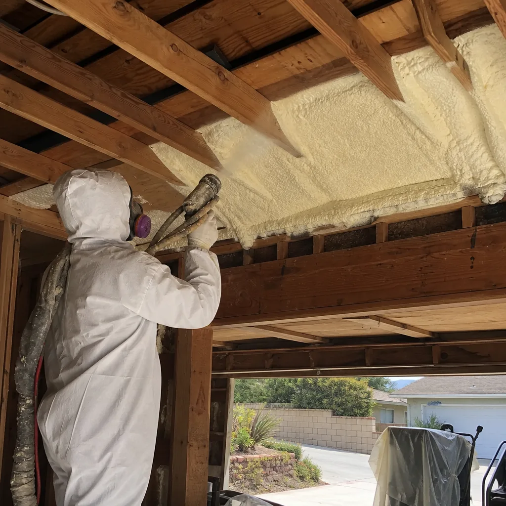Technician applying spray foam insulation to ceiling joists in protective gear