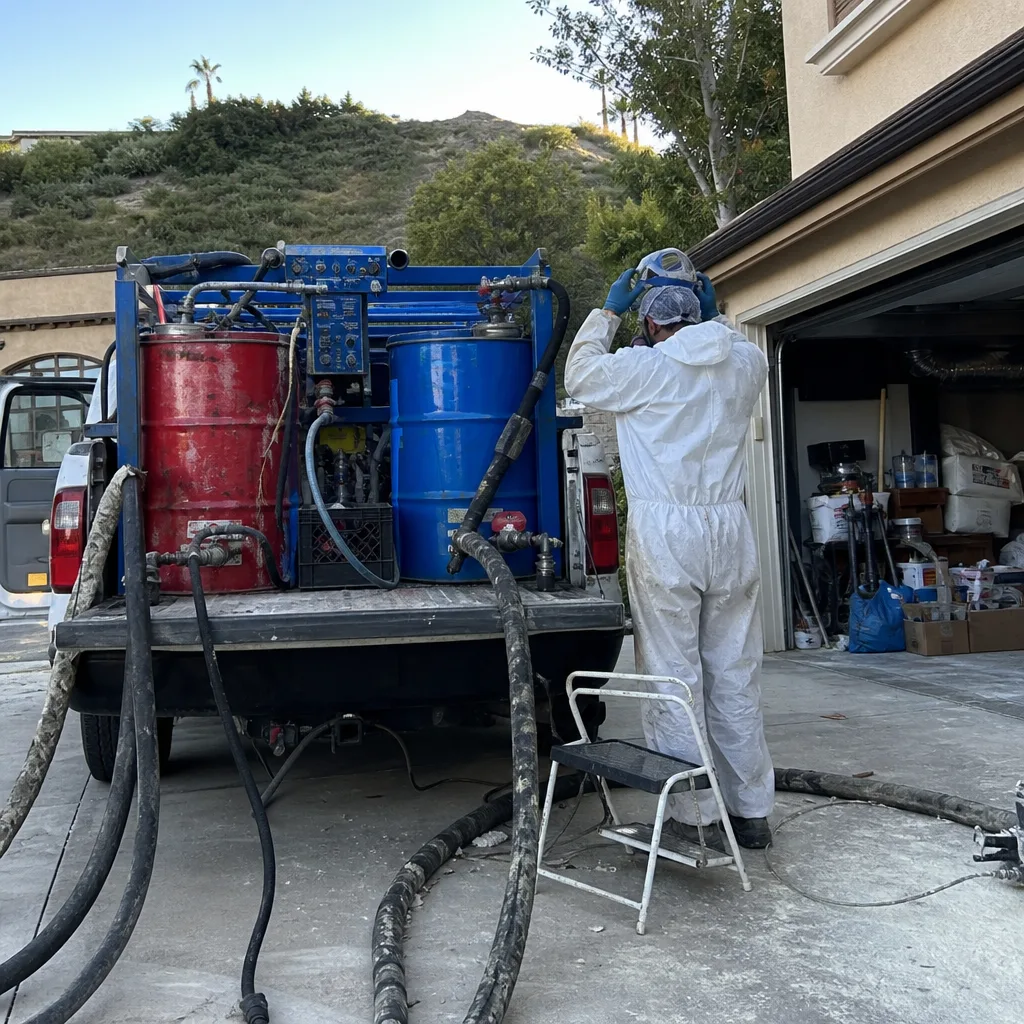 Contractor in protective suit preparing professional spray foam insulation equipment