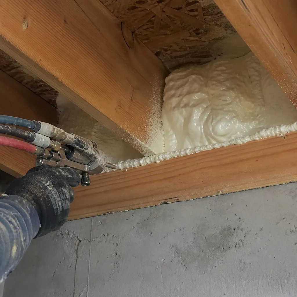 Professional technician applying spray foam insulation to ceiling joists